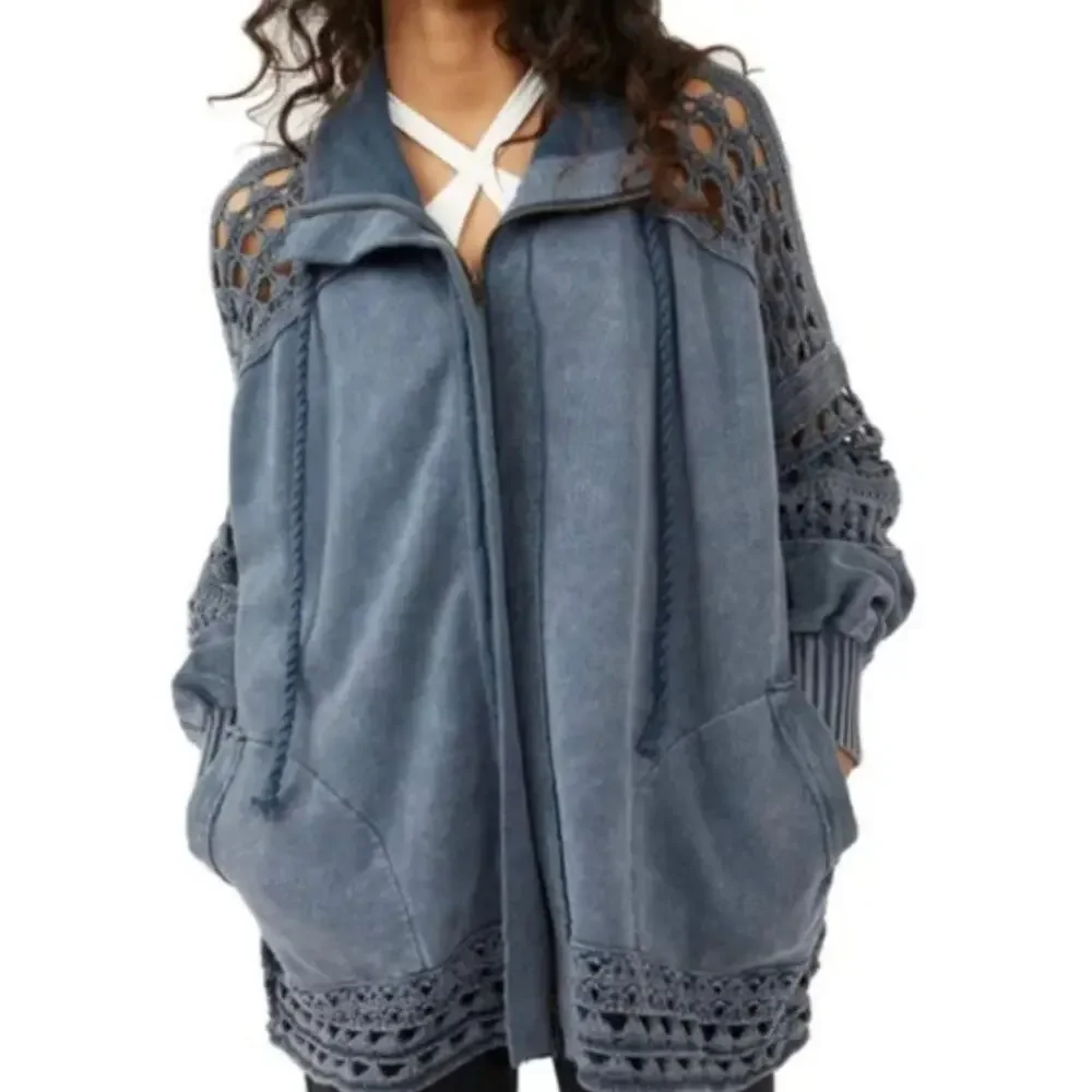 Free People Charcoal Gray Openwork Knit Zip-Front Jacket - Picture 5 of 6